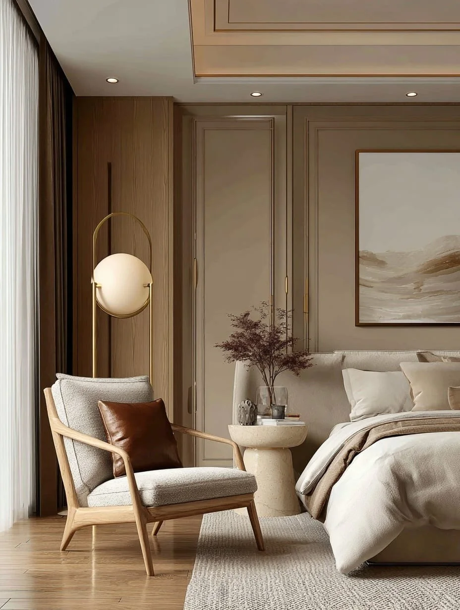 Habitación moderna con cama, sillón de madera con cojín marrón, lámpara de pie, cuadro en la pared, planta y mesa auxiliar.
