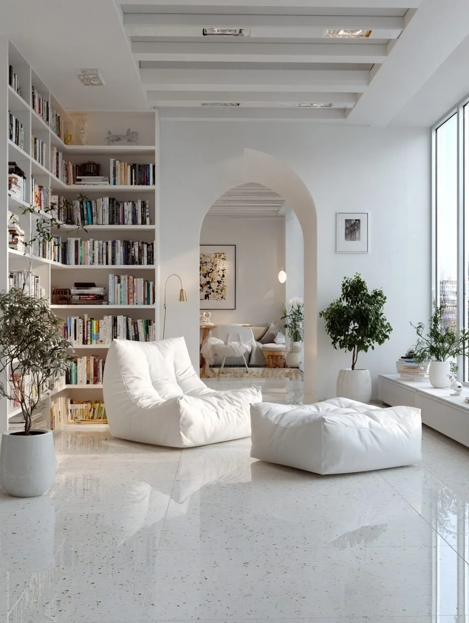 Sala moderna con sillón y otomana blancos, estantería llena de libros, plantas en macetas, gran ventana, y pared decorada con cuadros.