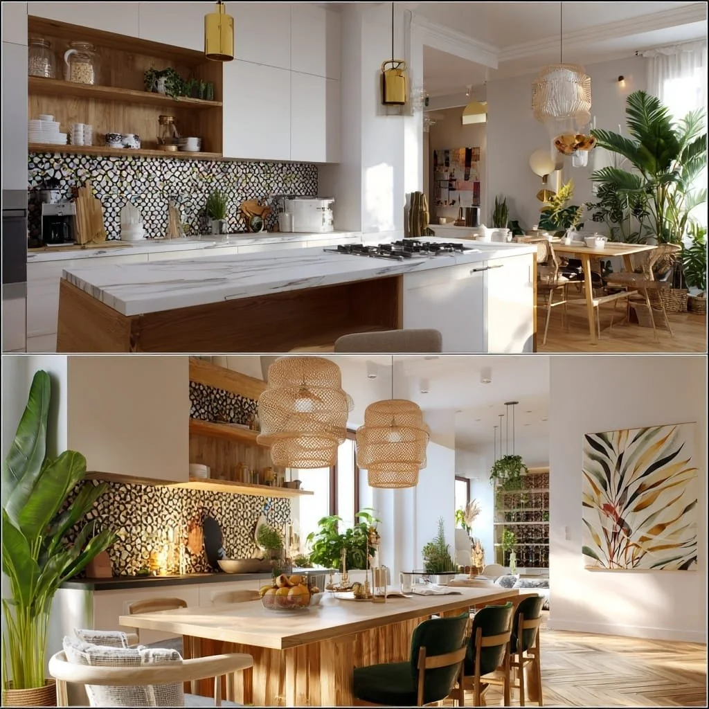 Interiores de dos casas modernas y elegantes con decoración natural, plantas verdes, lámparas de mimbre y áreas abiertas con mucha luz natural.