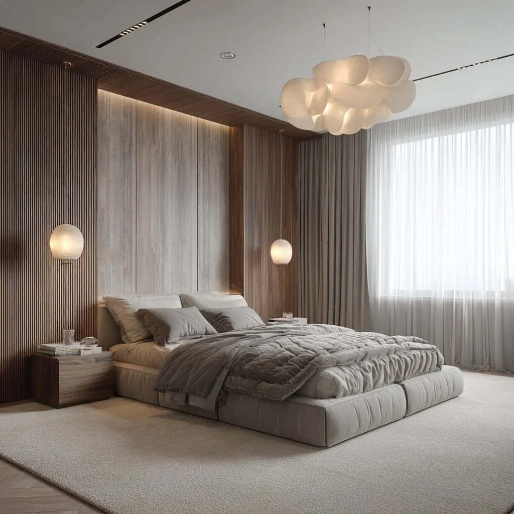 Dormitorio moderno con paredes de madera y cortinas blancas, cama con ropa gris y lámparas colgantes y en la pared.