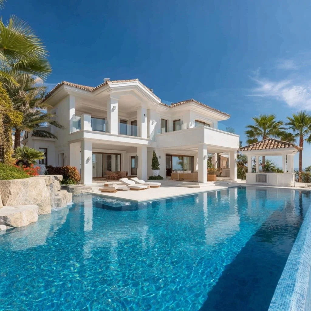 Casa moderna blanca con piscina y palmeras frente al mar bajo cielo azul.