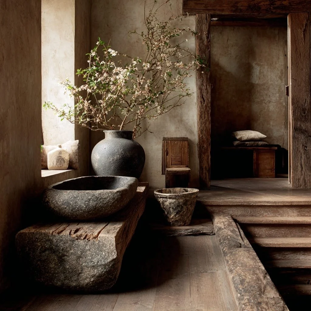 Interior de una habitación con paredes de barro y muebles de madera. En primer plano, una vasija grande con ramas de flor blanca, junto a un recipiente de piedra y una silla de madera. Al fondo, una cama con almohada en un espacio separado por un mar