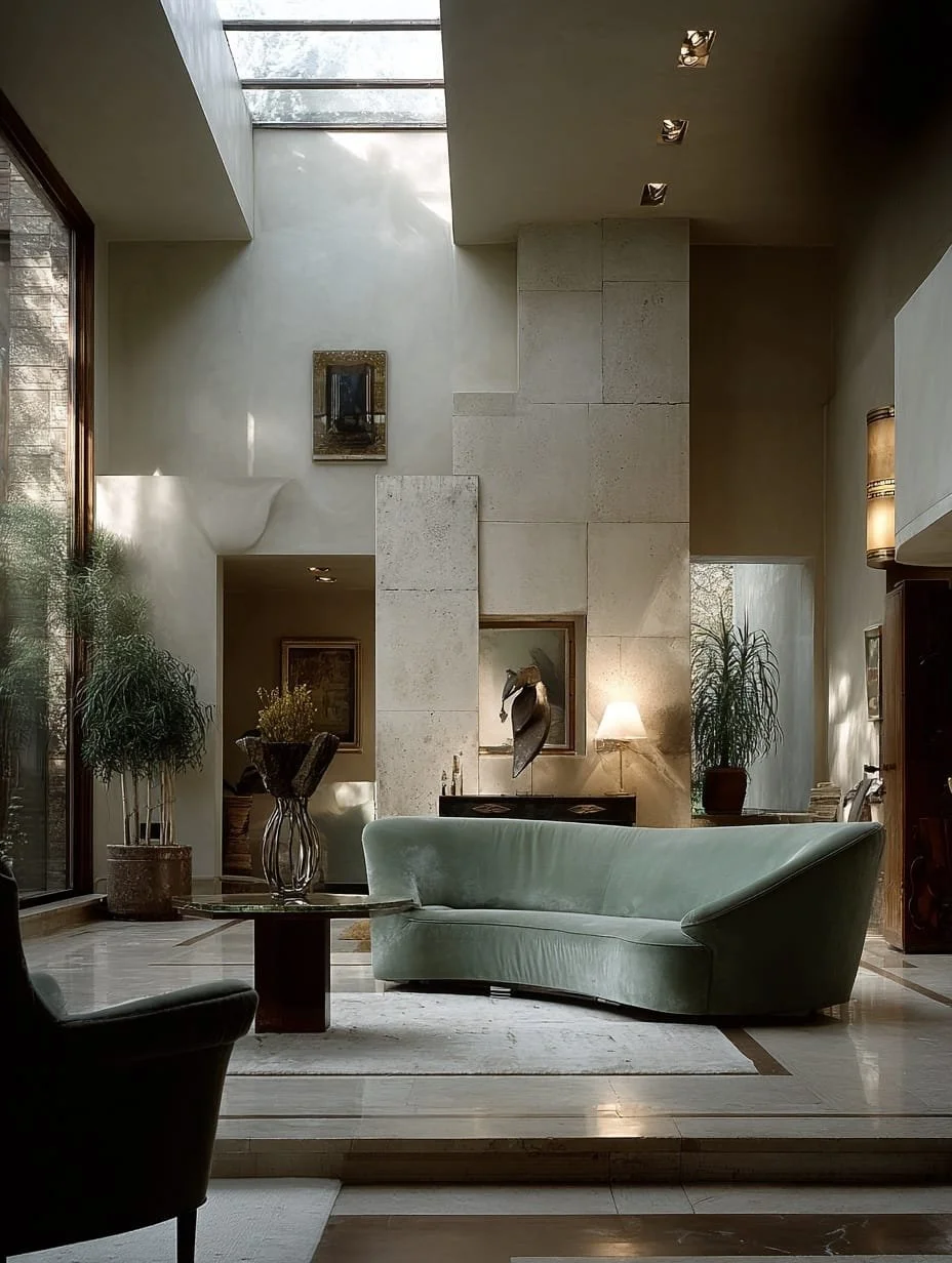 Salón moderno con paredes de piedra, gran ventana de vidrio, sofá verde claro, plantas en macetas, esculturas y cuadros decorativos, luz natural y lámparas en el ambiente.