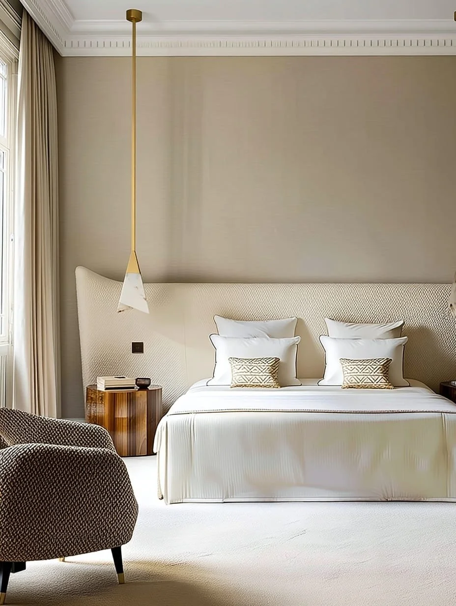 Habitación elegante con cama grande, cabecera acolchada, almohadas blancas con detalles dorados, lámpara moderna colgante dorada, mesa de madera a la izquierda, cortinas beige y paredes claras.