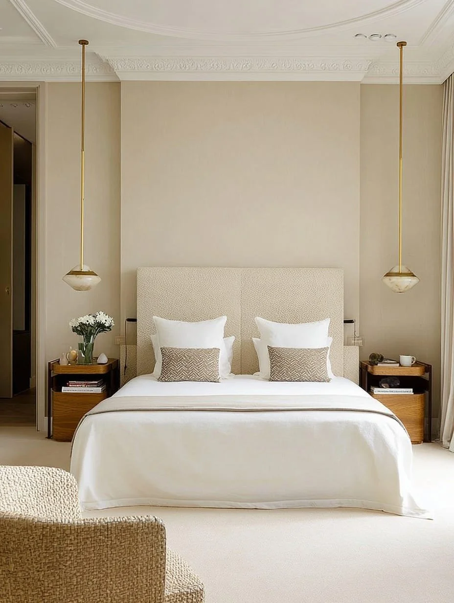 Habitación elegante con cama grande, cojines decorativos, mesitas de noche con libros, florero con flores y lámparas de techo.