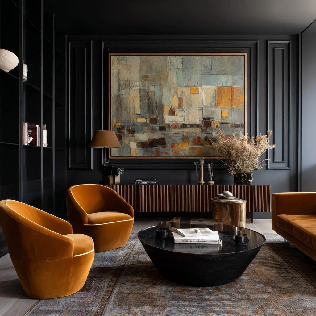 Sala de estar con paredes negras, sillones de terciopelo mostaza, una mesa de centro negra y un mueble largo de madera. Decoración moderna con cuadro abstracto y plantas secas en un jarrón.