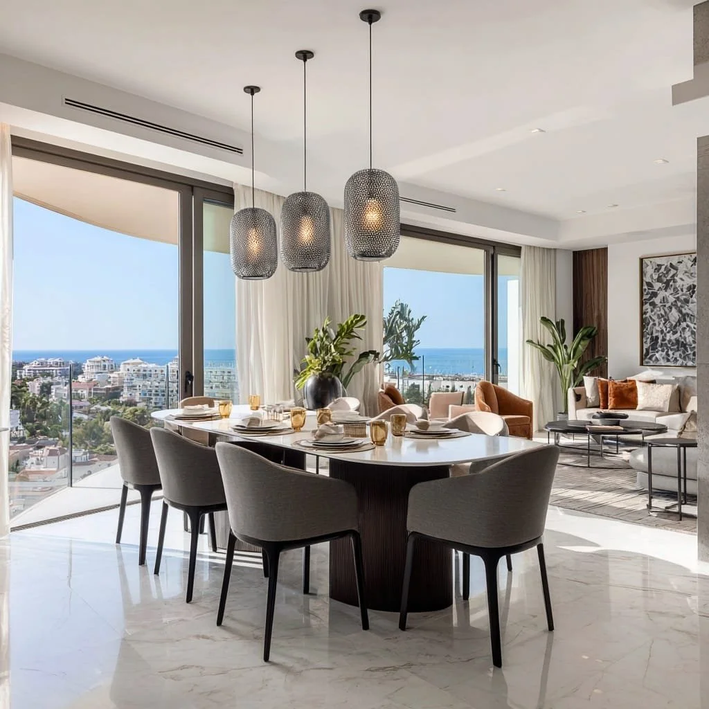 Sala de estar moderna con vista al mar, comedor con mesa ovalada y seis sillas, luminarias colgantes, plantas, cortinas blancas, y muebles de estilo contemporáneo.