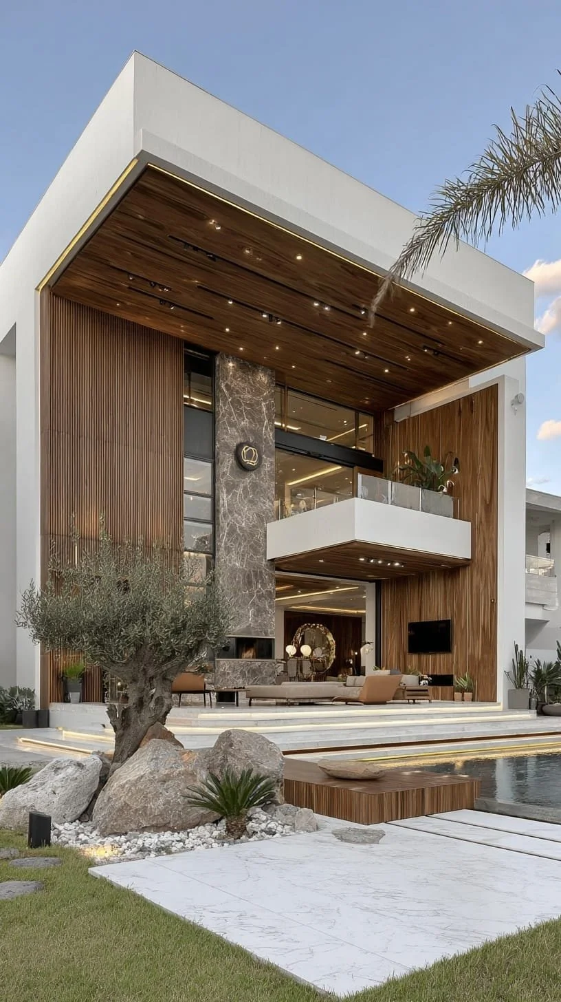 Casa moderna de varios pisos con fachada de madera, mármol y elementos de diseño contemporáneo, rodeada de jardín con plantas y rocas, y una piscina en primer plano.