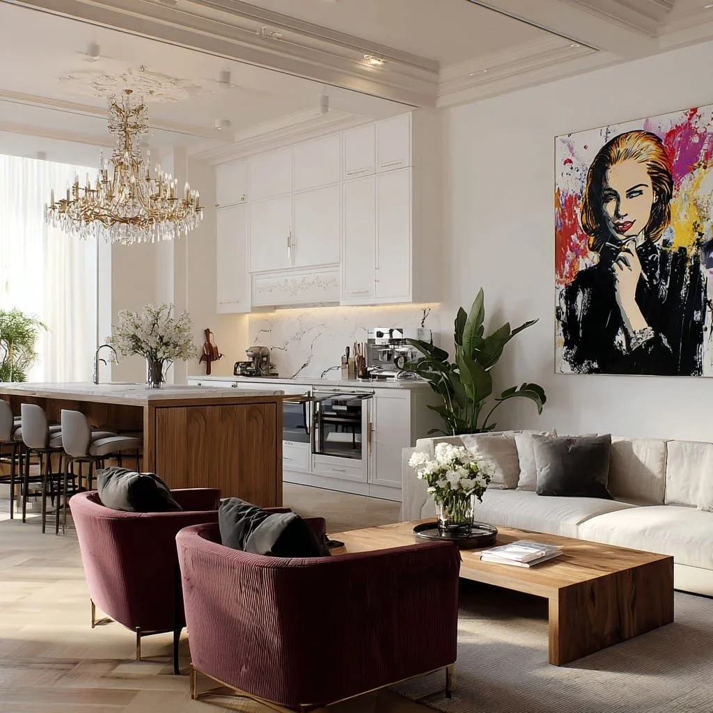 Sala de estar y cocina moderna con iluminación natural, muebles elegantes, decoración floral y arte colorido en la pared.