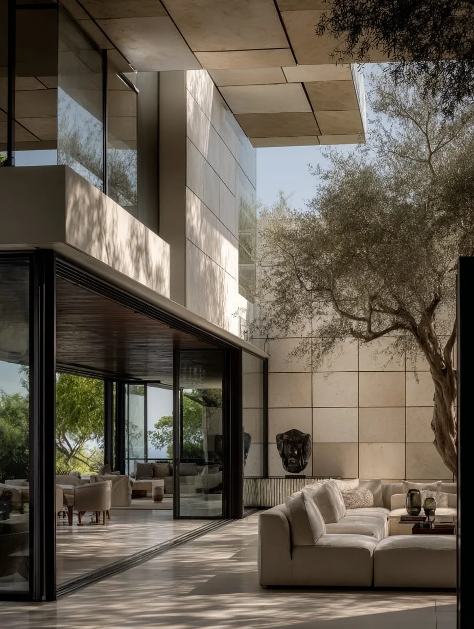 Vista de un patio interior de una casa moderna con paredes de piedra clara, muebles beige, un árbol de ramas finas y sombra, y grandes ventanas de vidrio que permiten la vista al exterior con árboles y cielo azul.