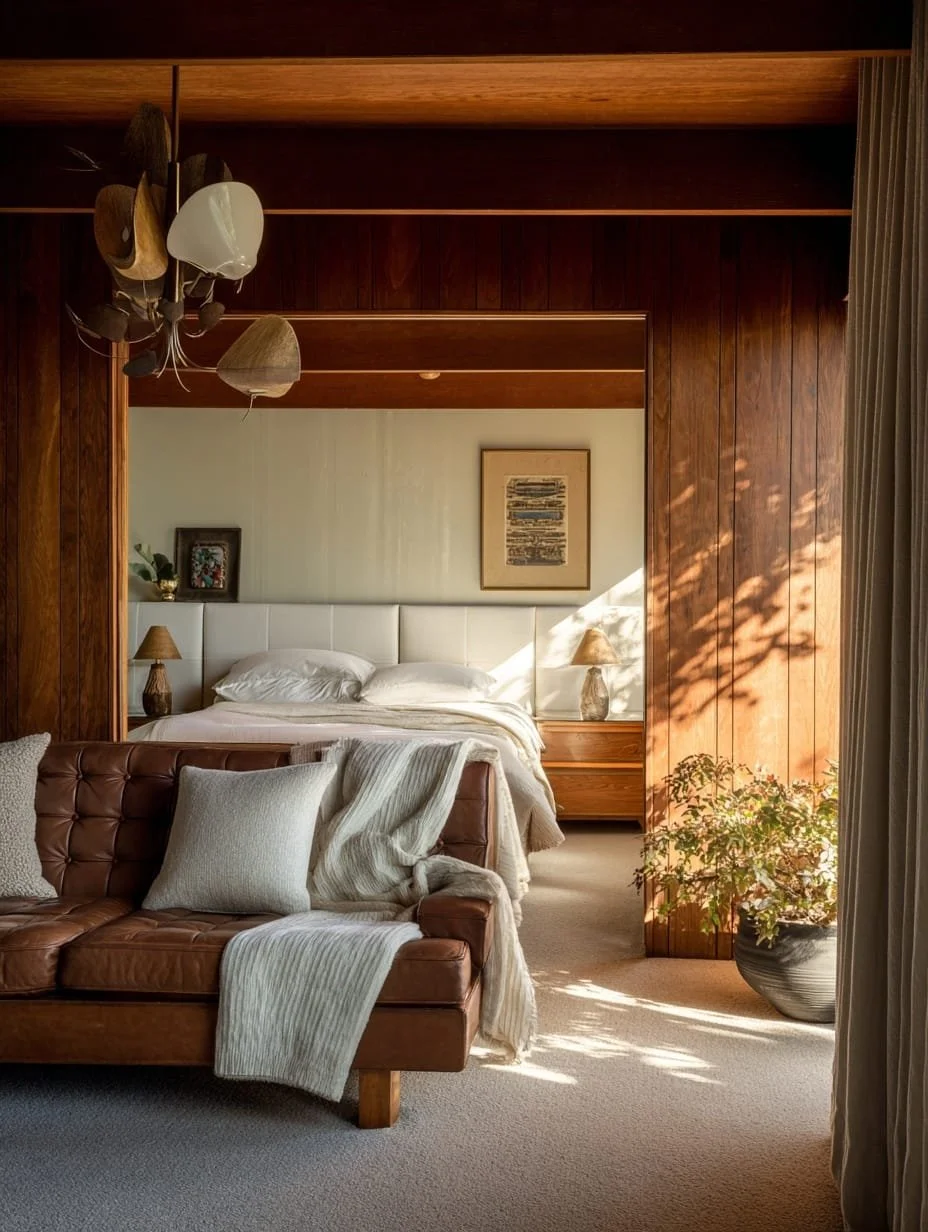 Habitación con paredes de madera, una cama con cabecera blanca, dos mesitas con lámparas, un cuadro en la pared, cortinas beige y plantas en la esquina.