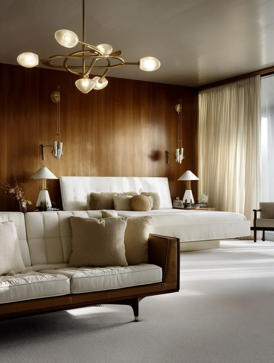 Sala de hotel con paredes de madera, sillón beige, cama grande con almohadas decorativas, cortinas blancas y lámparas de mesa.
