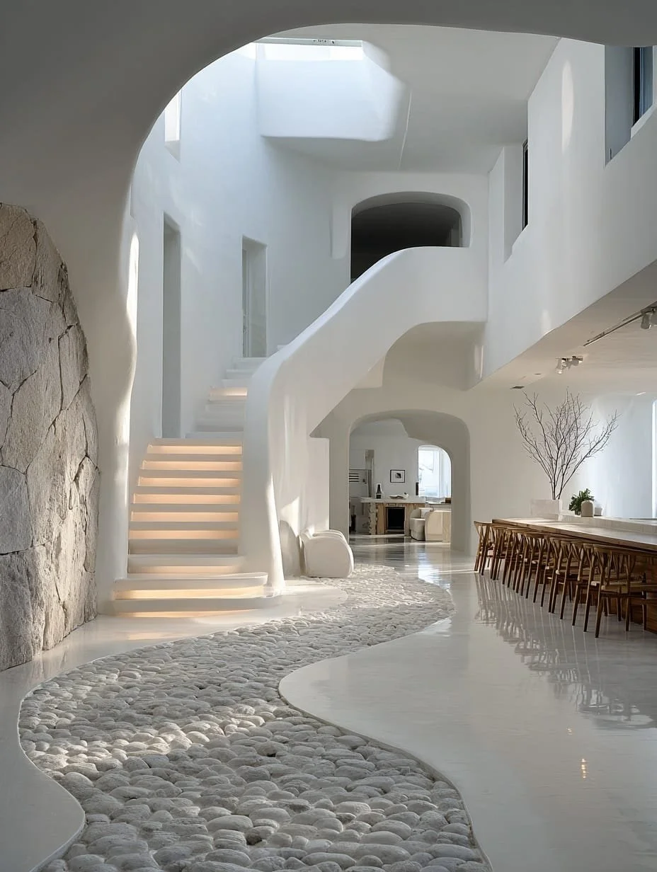 Interior moderno y minimalista con paredes blancas, escaleras curvas blancas, una pared de piedra en el lado izquierdo, piso de piedra y superficie de mármol, y una zona con una larga mesa de madera y sillas.