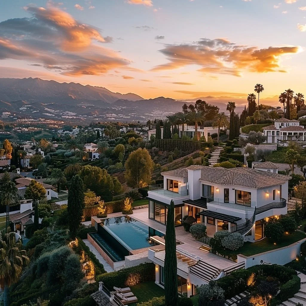 Atardecer sobre una lujosa casa en una colina con piscina y jardín, con montañas al fondo y cielo con nubes coloridas.