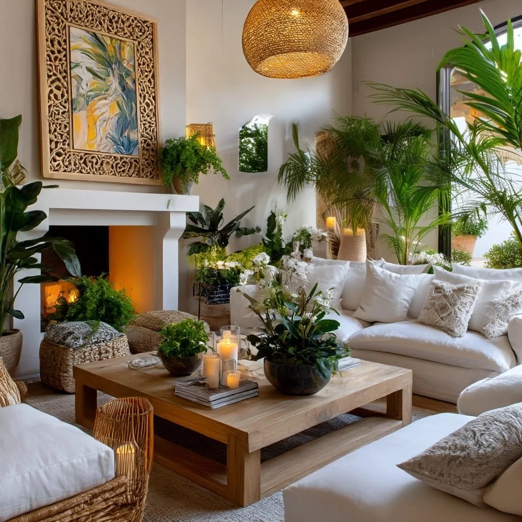 Sala de estar interior con muebles blancos, muchas plantas verdes, una mesa de madera con velas, y decoración natural y luminosa.