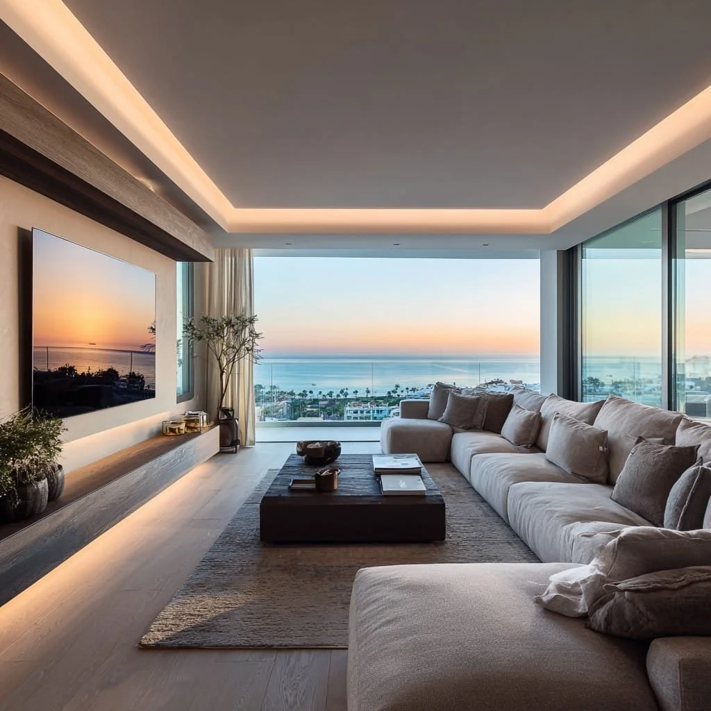 Sala moderna con vista al mar durante el atardecer, con un sofá amplio, mesa de centro de madera y plantas decorativas.