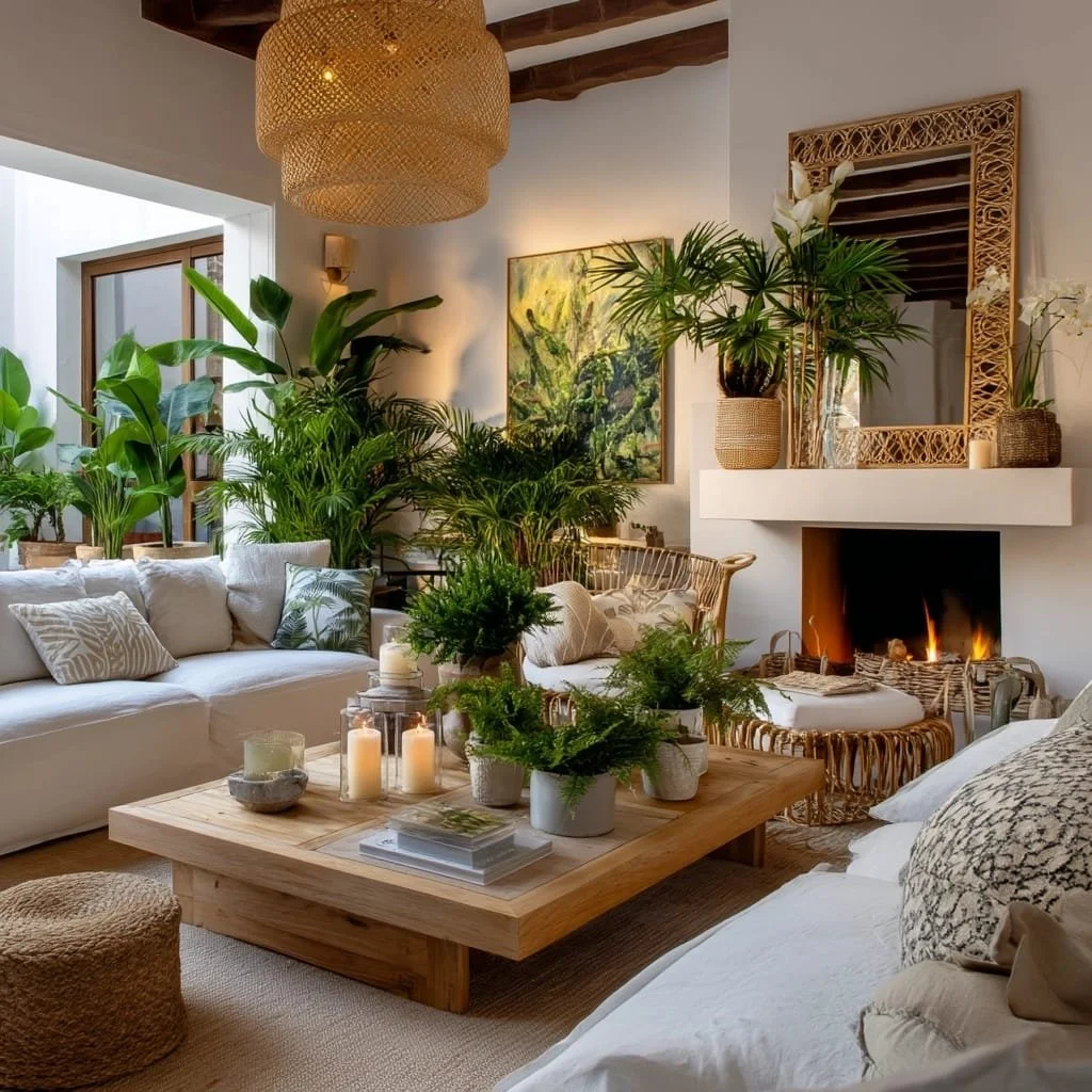 Sala de estar decorada con plantas verdes, cojines claros, velas y cuadros en la pared, en un ambiente acogedor y con chimenea
