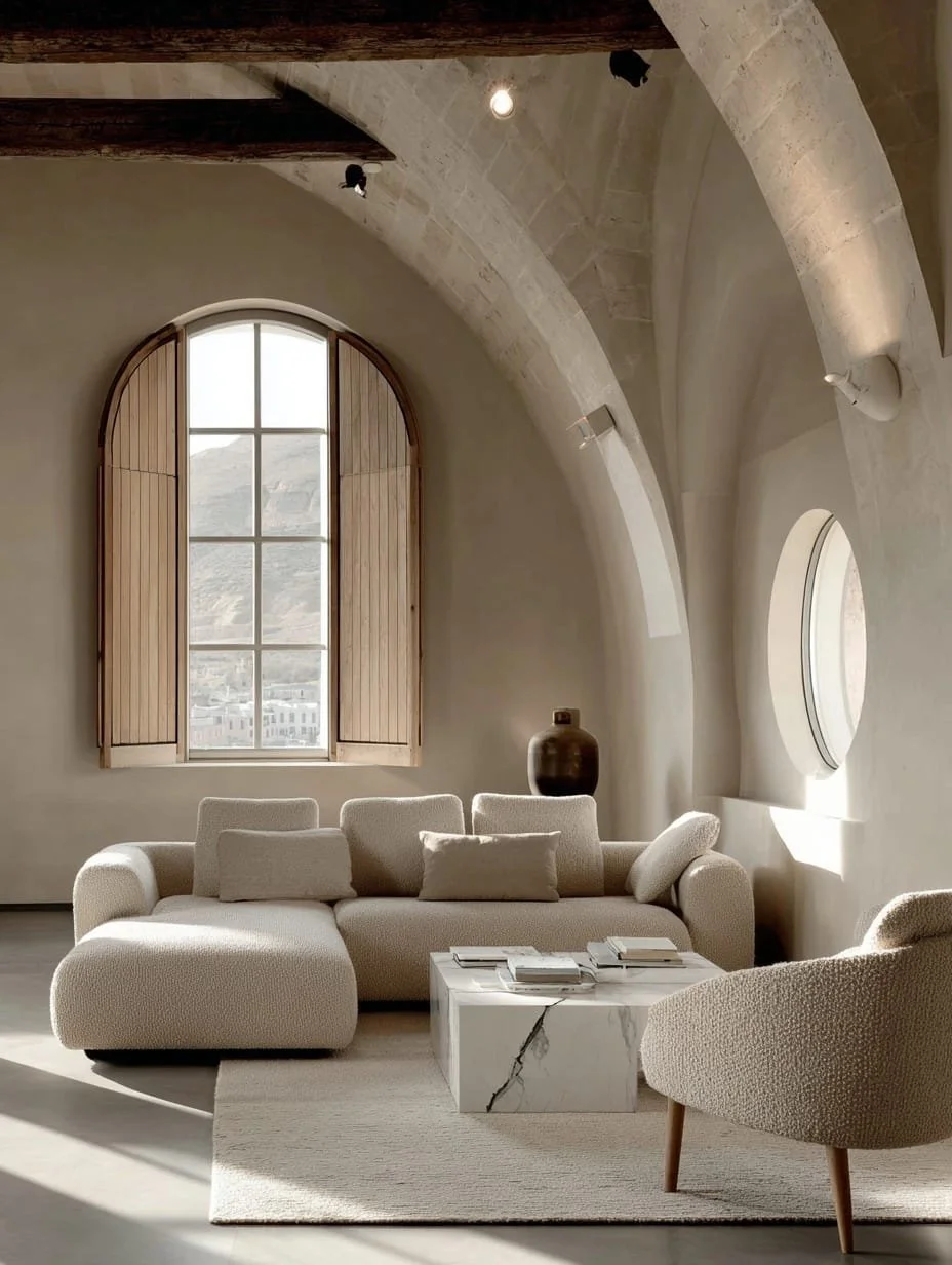 Sala de estar con sofá beige, mesa de mármol blanca, ventana grande con persianas de madera, paredes de piedra y techo con vigas de madera.