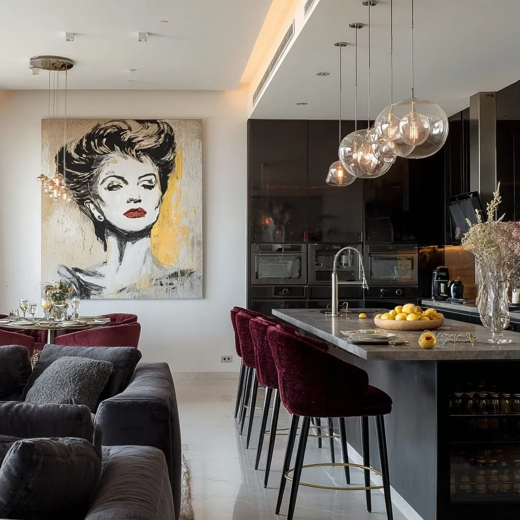 Sala de estar moderna con un comedor y una cocina abierta. En la pared, un retrato en estilo pop art de una mujer con cabello peinado hacia arriba y labios rojos. La isla de la cocina con una encimera de piedra, sillas tapizadas en color burdeos y un