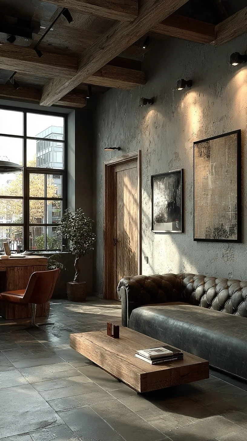 Sala de estilo industrial con sofá de cuero, mesa de madera, gran ventana con vista a edificios, paredes de concreto, cuadros decorativos, planta en maceta, y techo de madera con vigas expuestas.