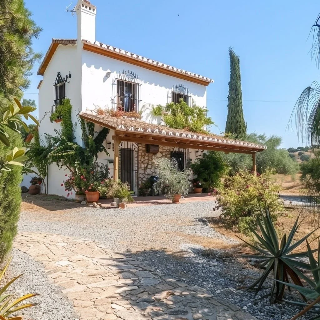 Casa mediterránea con paredes blancas, tejas rojas, ventanas con rejas de hierro, y un porche con plantas y macetas, en un entorno soleado y árido.