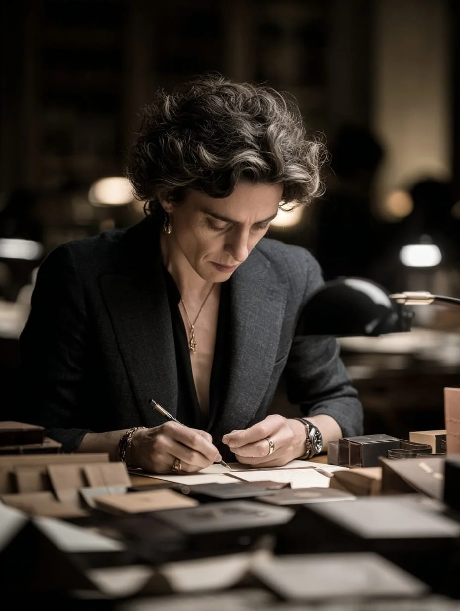 Mujer de cabello rizado escribiendo en una mesa con documentos y cajas, en un entorno de oficina o biblioteca con iluminación cálida.