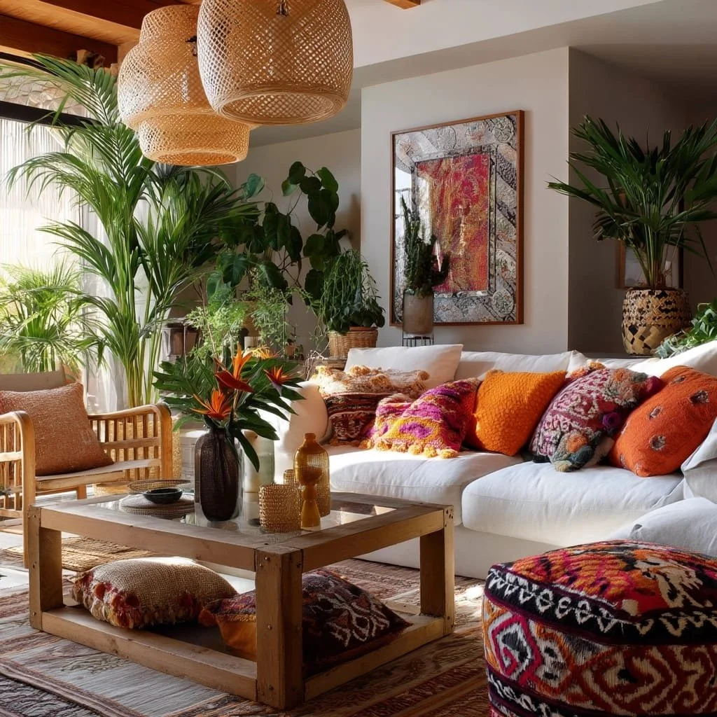 Sala de estar con sofá blanco, cojines coloridos, plantas verdes, mesa de madera con decoración, cortinas de tela ligera, lámparas de mimbre colgantes y paredes decoradas con cuadros abstractos.
