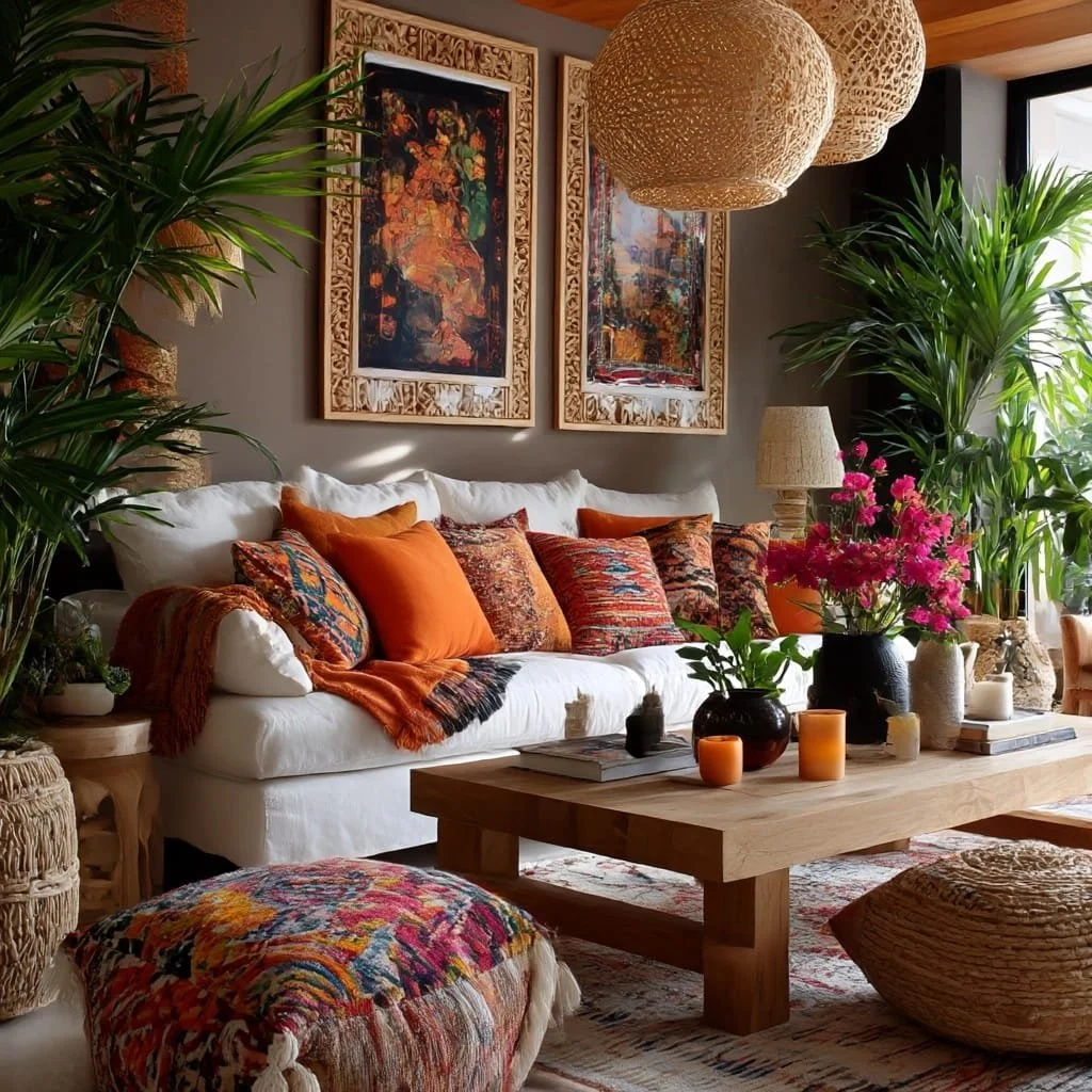Sala decorada con cojines naranjas y de diseño en un sofá blanco, rodeada de plantas grandes y flores rosadas en jarrones negros, con un mueble de madera y cuadros con marcos de madera tallada en la pared, y lámparas de mimbre colgantes y de mesa.