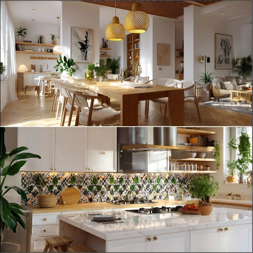 Interior de una casa moderna con cocina y sala de estar, decorada con plantas, arte y muebles en tonos neutros, con mucho uso de madera y luz natural.