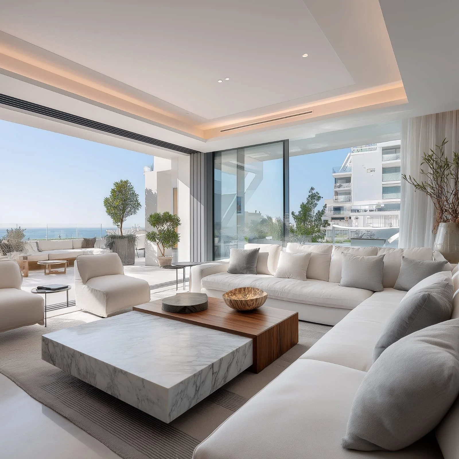 Salón moderno con sillones blancos, mesas de café de mármol y madera, vista panorámica hacia un balcón con plantas y vista al mar y edificios en el fondo.