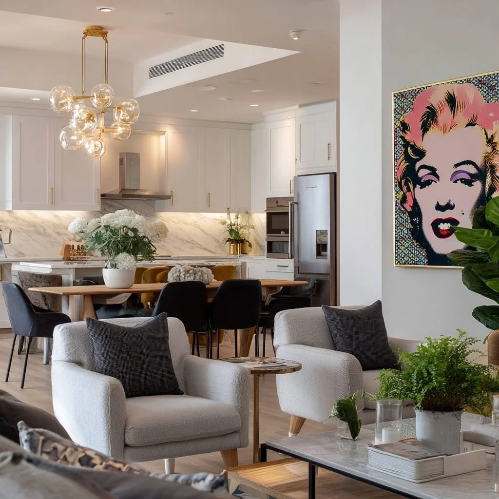 Sala de estar y comedor en un estilo moderno con decoración elegante, incluyendo una pintura de Marilyn Monroe en la pared, plantas verdes y un mobiliario cómodo.