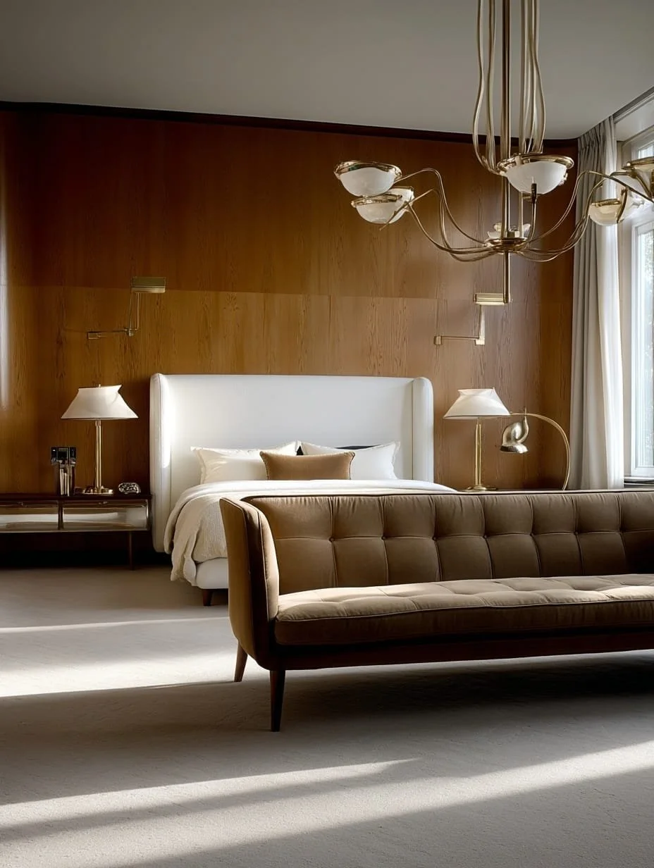 Habitación elegante con cama grande con cabecera blanca, sofá marrón, lámparas de mesa, y lámpara de techo moderna, junto a ventanas con cortinas blancas y madera en la pared.