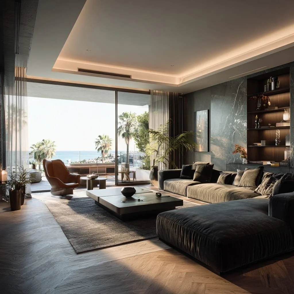 Salón moderno con vista al mar, muebles de colores oscuros, plantas decorativas y estantería con objetos decorativos, con luz natural y cortinas blancas.