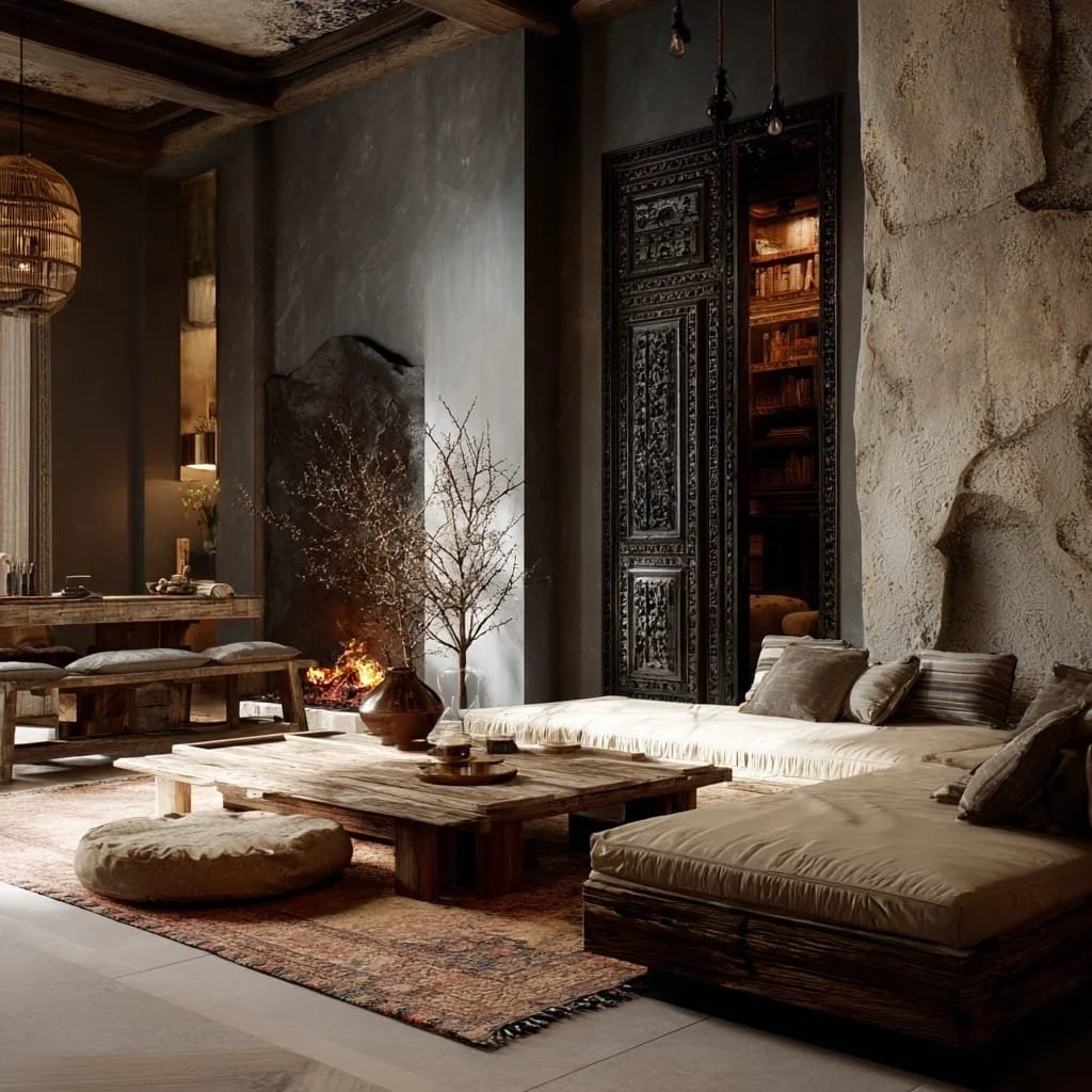 Sala de estar con muebles de madera, cojines beige, una mesa baja de madera, una alfombra antigua, un jarrón con ramas secas, una pared de piedra, un sillón incorporado y una gran puerta de madera tallada decorativa.