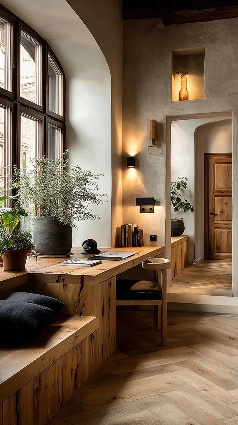 interior rústico con grandes ventanas de madera, mesa de madera con plantas y libros, paredes de yeso, iluminación cálida, suelo de madera, puerta de madera