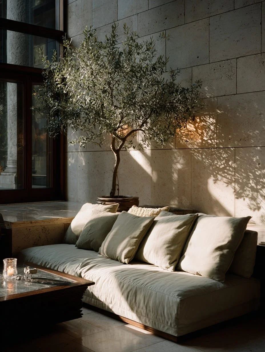 Un sillón grande y cómodo con varias almohadas en tonos beige y verde, junto a una mesa de madera y una pequeña vela, en una sala iluminada por la luz del sol y una planta de olivo en una maceta.