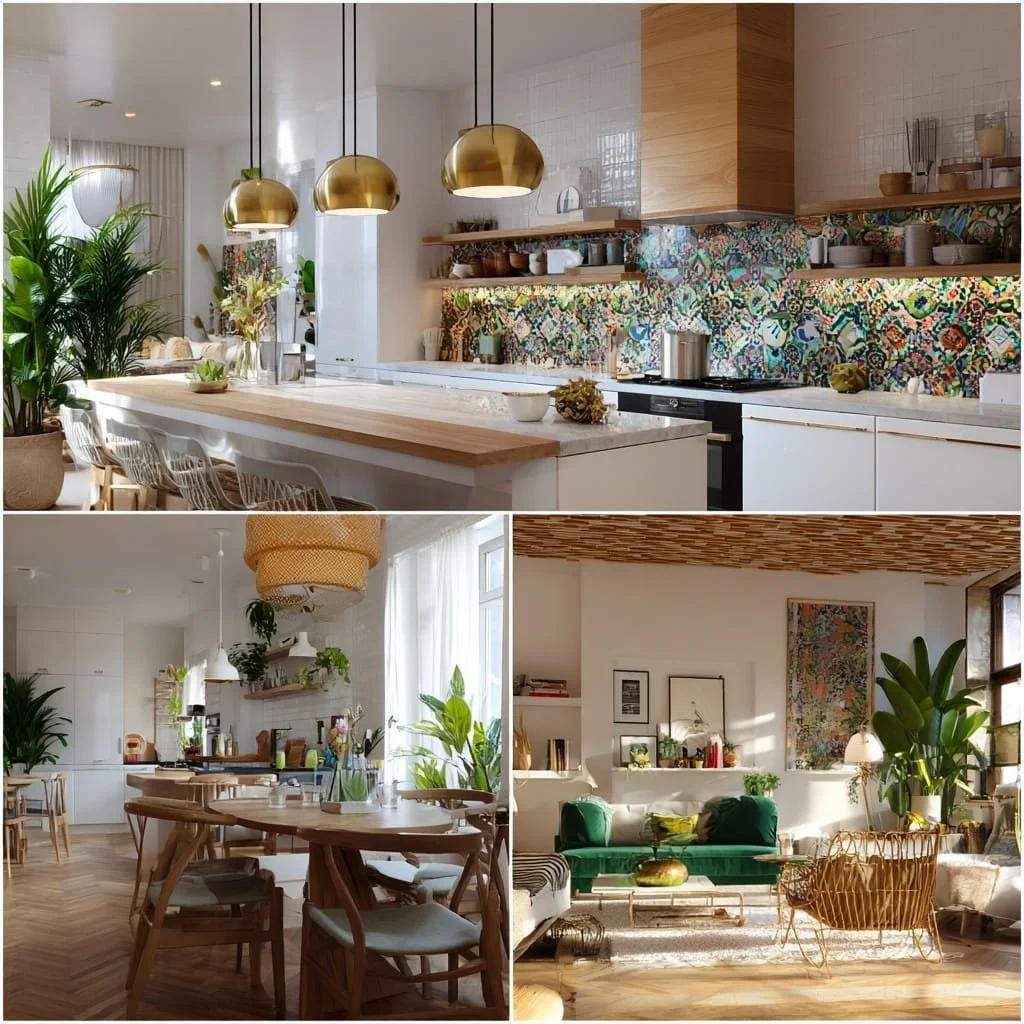Tres habitaciones decoradas con estilos diversos y abundantes plantas verdes.