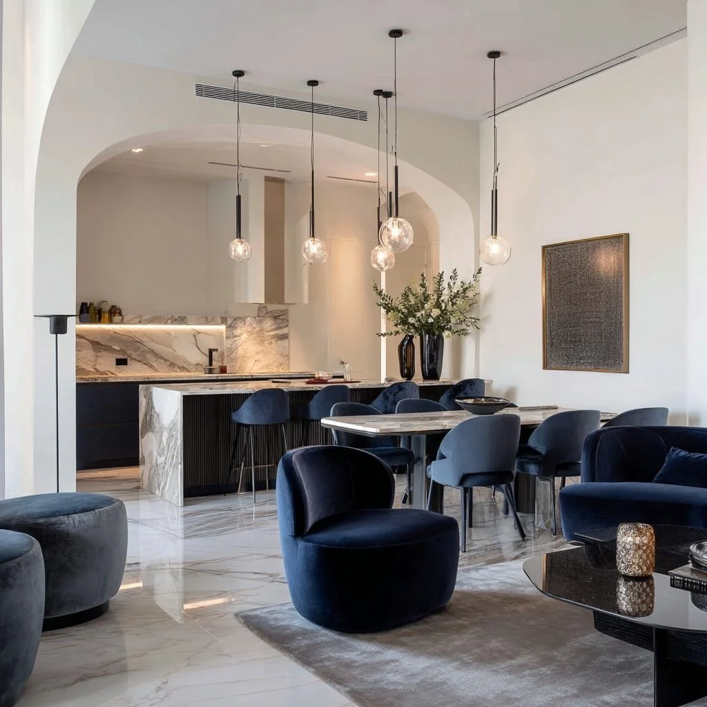 Sala moderna con sillones de terciopelo azul, mesa de centro negra y una mesa de comedor de mármol con sillas. lámparas colgantes, decoraciones con jarrones y cuadros.