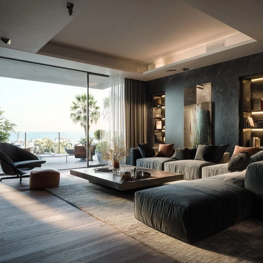 Sala de estar con vista al océano, sofá grande, mesa de centro de madera, sillas modernas, plantas y cortinas.