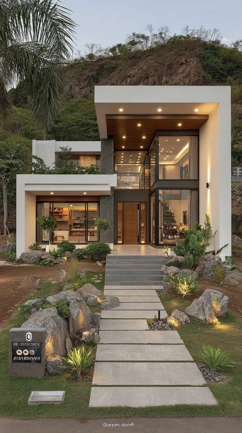 Una casa moderna de múltiples niveles con paredes blancas, grandes ventanas de cristal, iluminación empotrada, rodeada de plantas y decorada con rocas, en un entorno montañoso con vegetación.