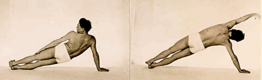 A sepia-toned photo of a man demonstrating two different classical pilates poses, with one pose involving lying on the side and the other with the body supported on one hand and foot, extending the other arm and leg.
