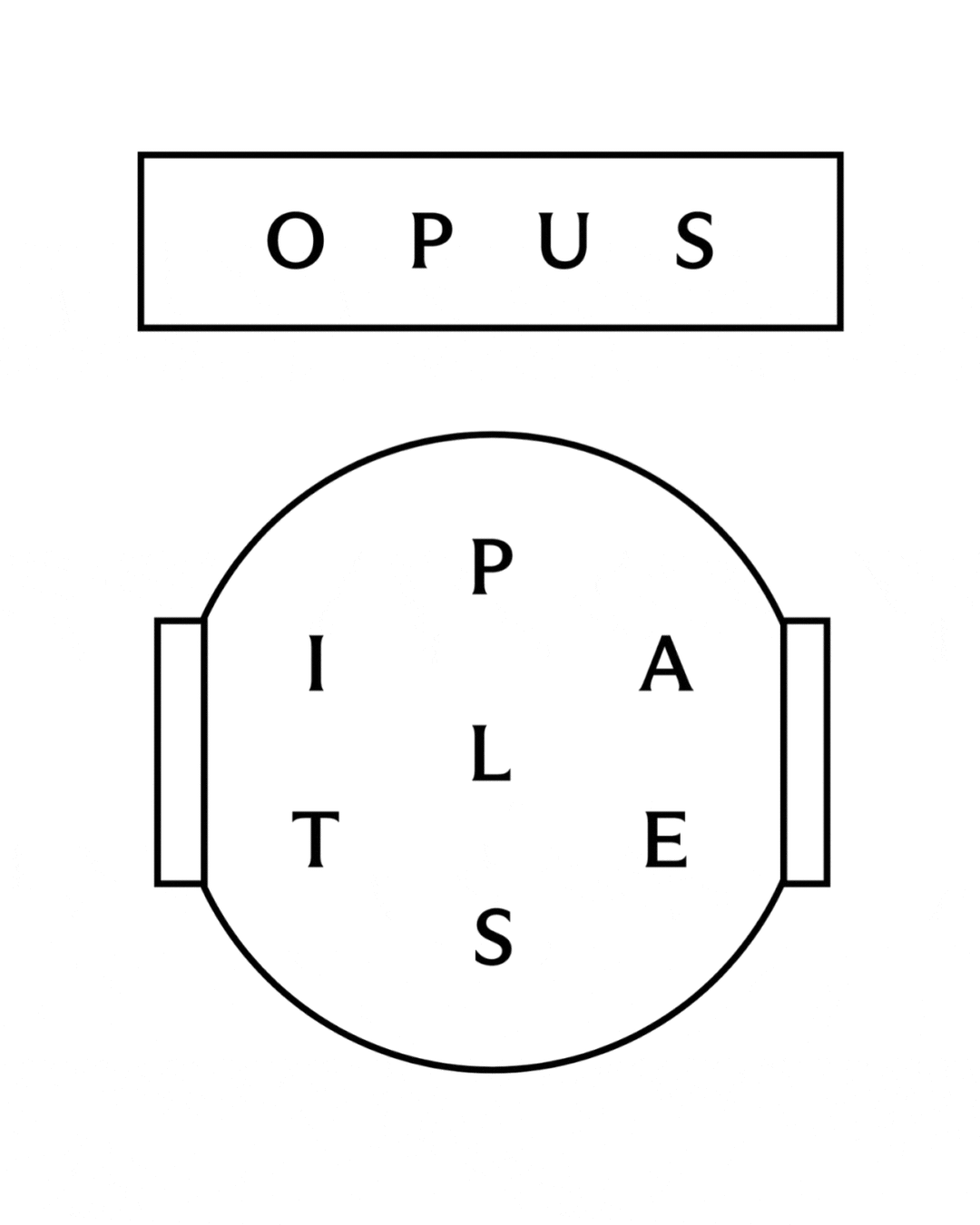 The Opus submark with overlapping circles labeled 'Opus' at the top and 'Letters' at the bottom. The bottom circle contains the letters P, I, L, A, T, E and S.