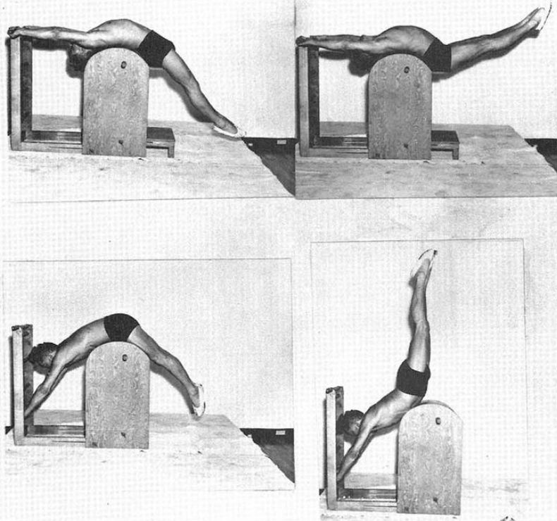 Vintage, black and white collage of four images showing a man performing different pilates moves on a pilates barrel. The person is doing a forward handstand, a back layout, a back handspring, and a forward handspring.
