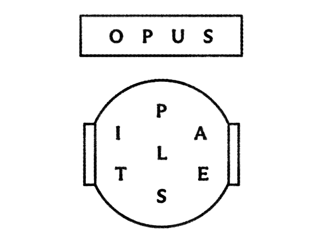 The Opus submark with overlapping circles labeled 'Opus' at the top and 'Letters' at the bottom. The bottom circle contains the letters P, I, L, A, T, E and S.