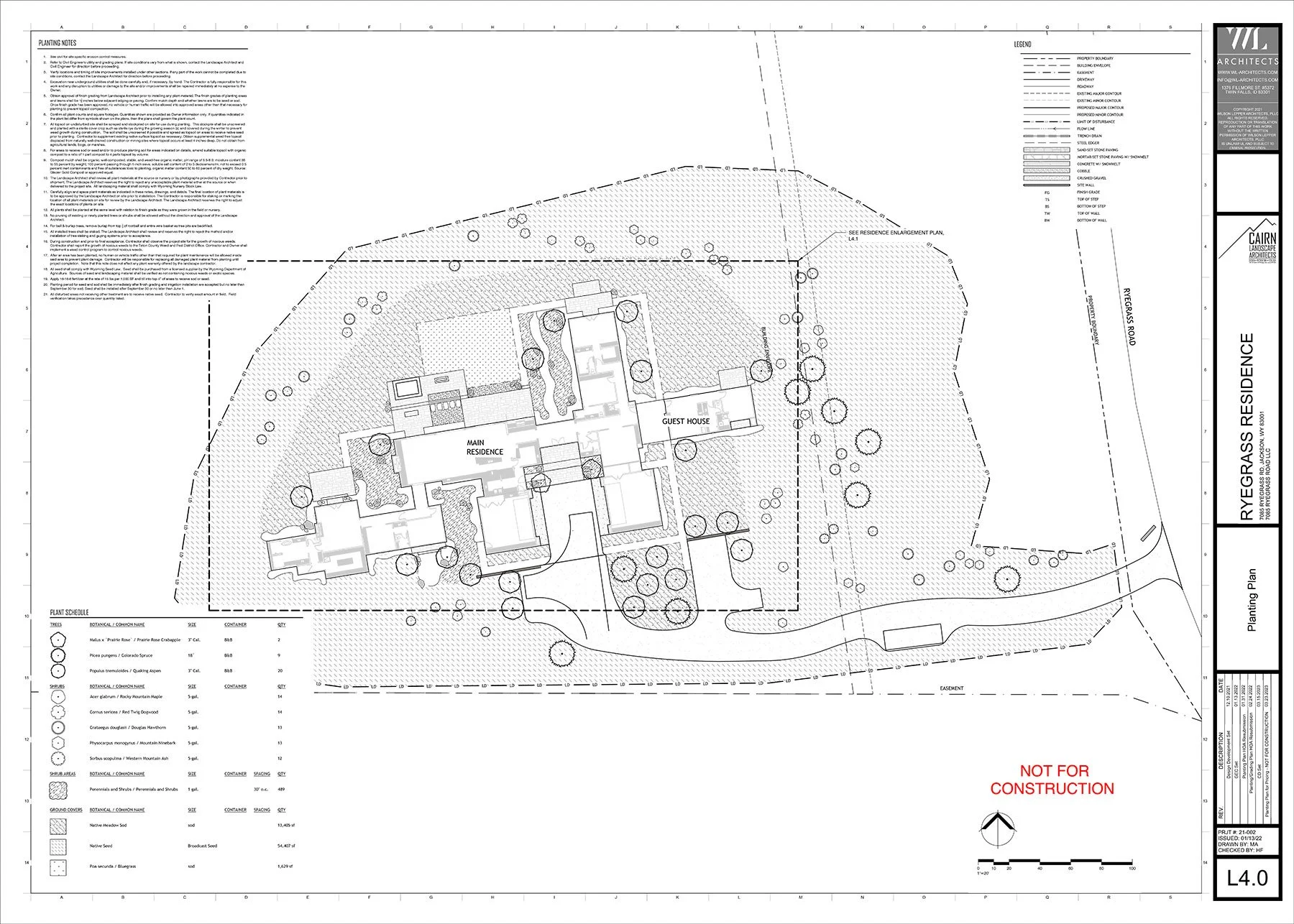 Landscape site plan showing a main residence and guest house, trees, pathways, and surrounding landscape features, with annotations and a legend.