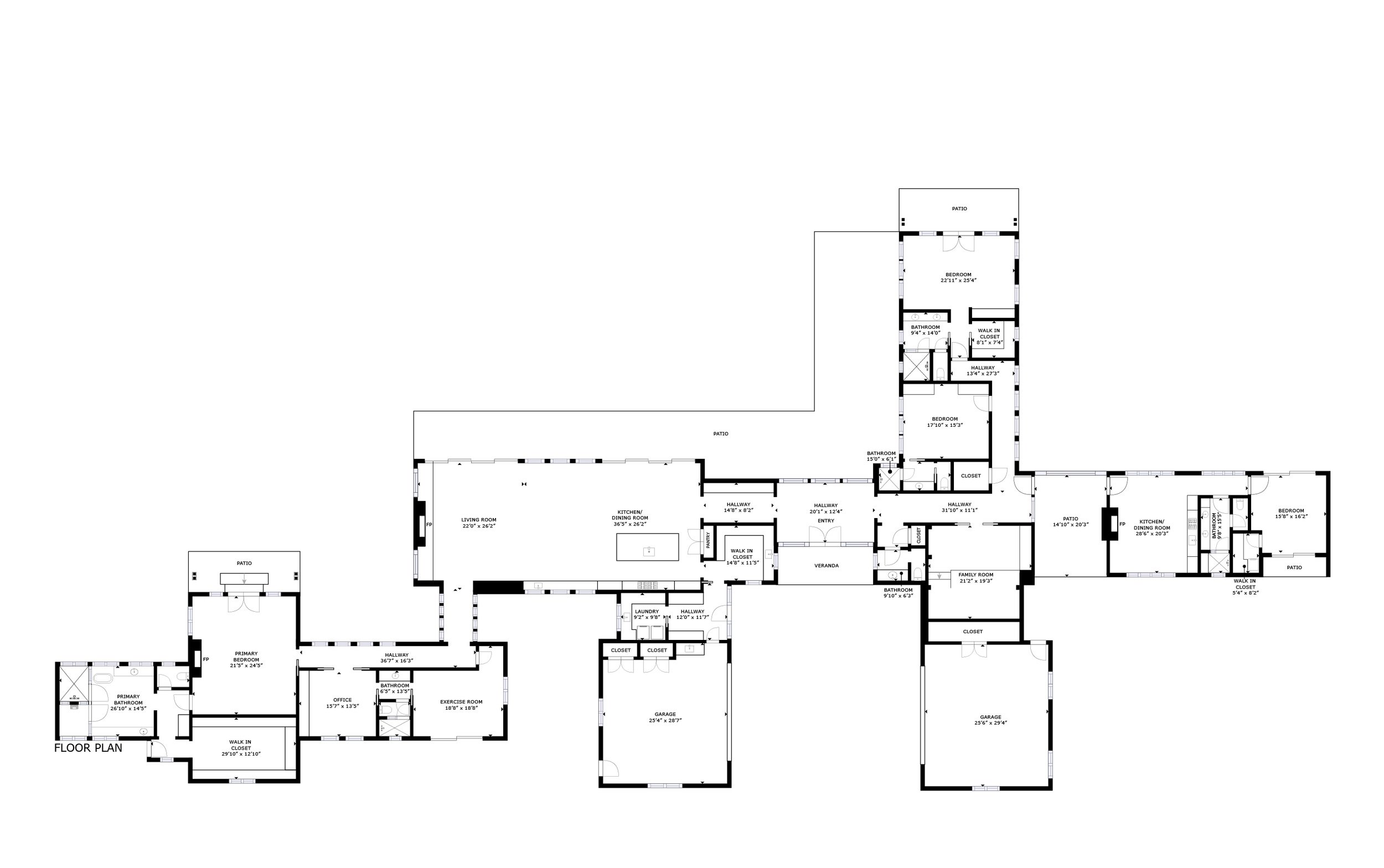 Detailed architectural blueprint of a large residential floor plan, depicting multiple bedrooms, bathrooms, kitchens, living and dining areas, garages, hallways, patios, laundry room, offices, exercise room, primary suite, walk-in closets, verandas, and various storage spaces.