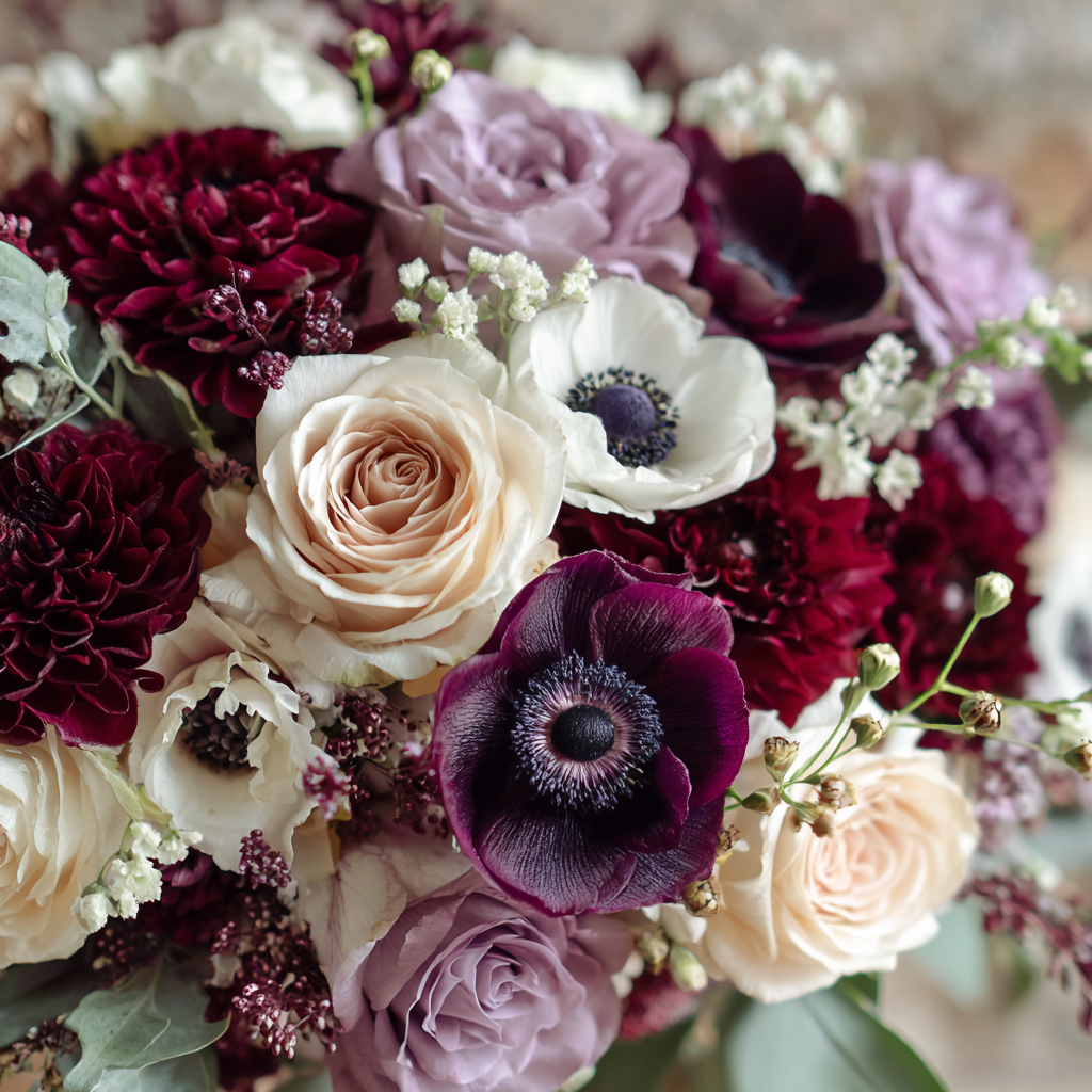 Flower Preservation in Washington D.C.. Close-up of a bouquet with cream roses, purple and burgundy flowers, white anemones, and baby's breath.