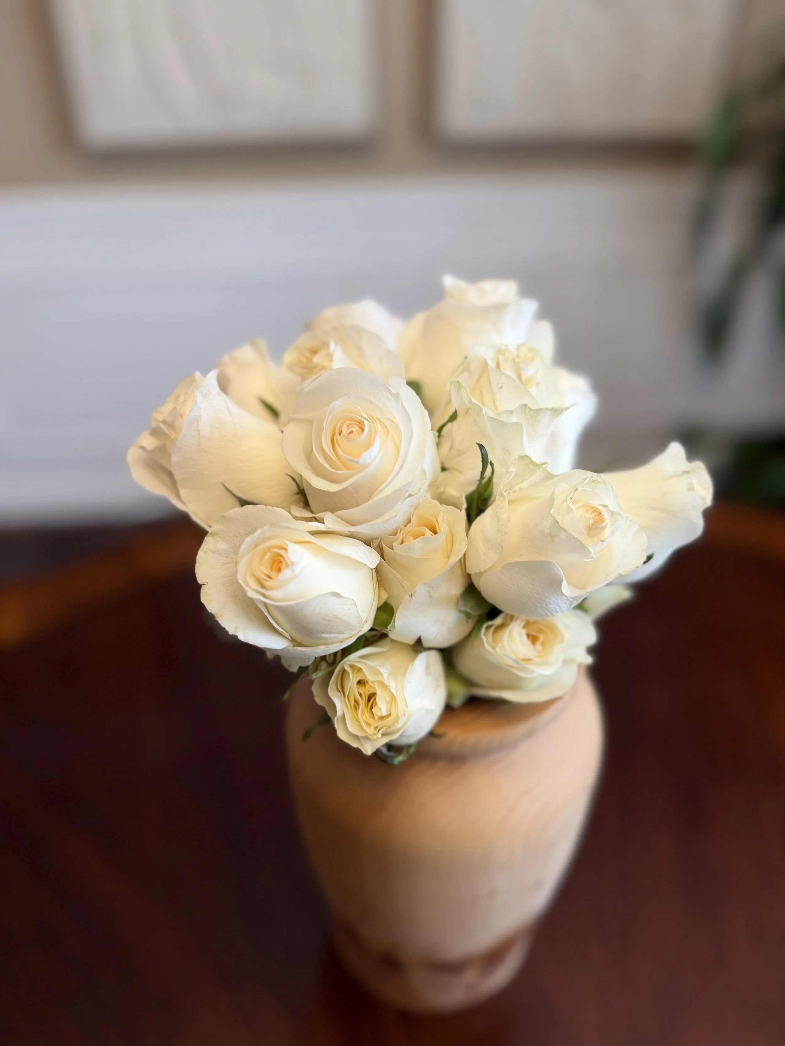 White Eternal Roses Top View in Cedar Vase.jpeg