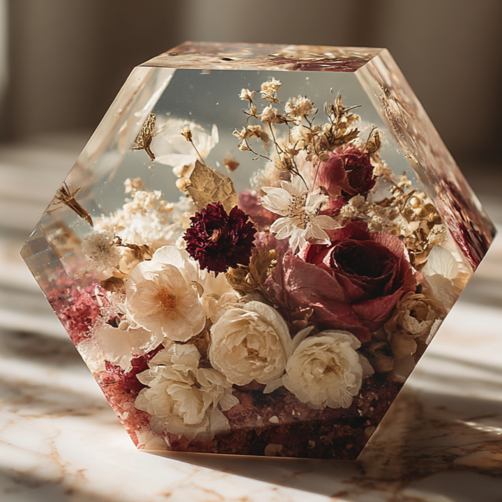 Resin flower bouquet preservation - A clear hexagonal resin block with preserved dried and fresh flowers inside, sitting on a marble surface.