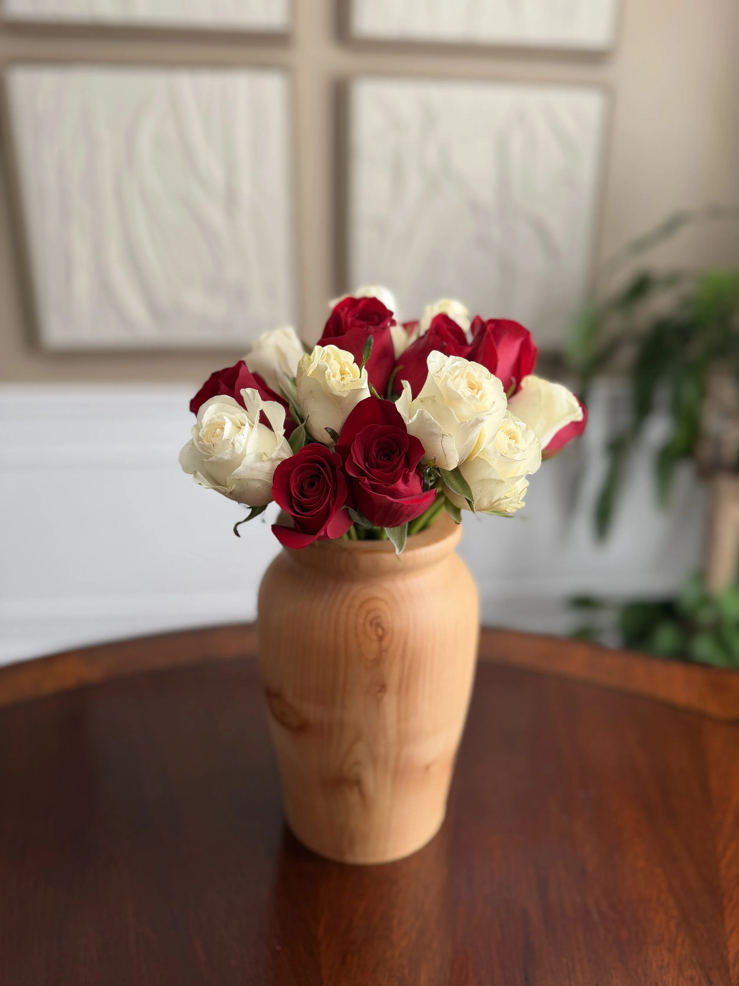 Red and White Eternal Roses in Cedar Vase.jpeg